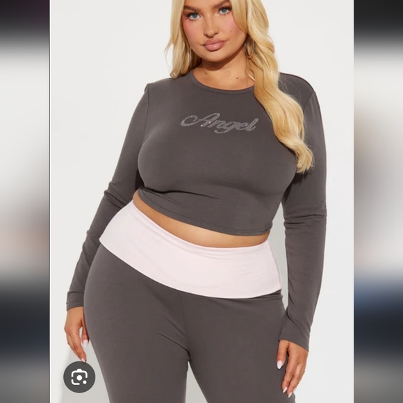 Fashion Nova Charcoal Long Sleeve Top with 'Angel' Detail - Picture 3 of 7